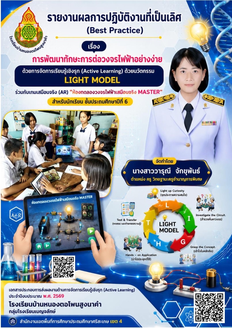 รายงานผลการปฏิบัติงานที่เป็นเลิศ (Best Practice)   เรื่อง “การพัฒนาทักษะการต่อวงจรไฟฟ้าอย่างง่าย ด้วยการจัดการเรียนรู้เชิงรุก (Active Learning) ด้วยนวัตกรรม LIGHT MODEL ร่วมกับเกมเสมือนจริง (AR) ห้องทดลองวงจรไฟฟ้าเสมือนจริง MASTER”